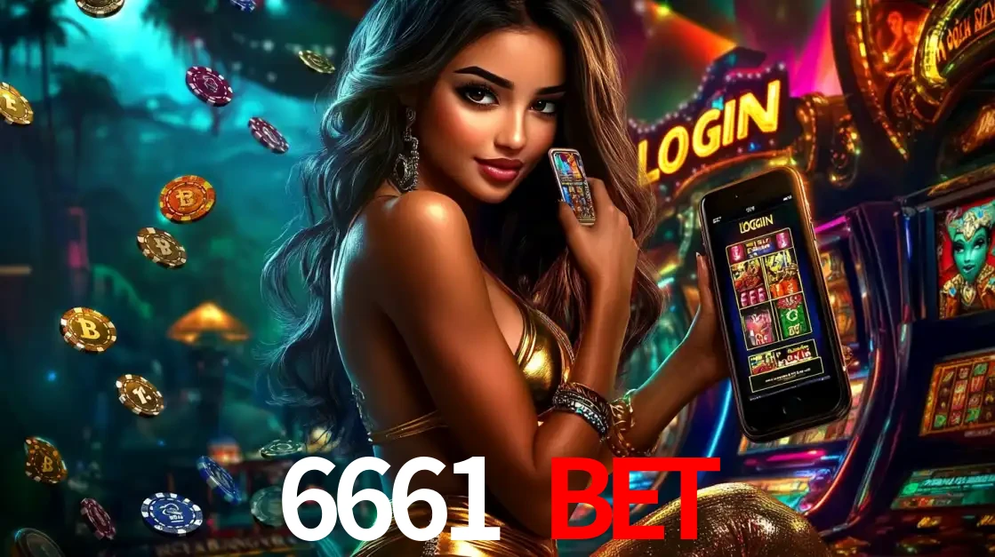 Mulher em um cenário de cassino temático de aventura, mostrando o app de caça-níqueis da 6661 BET no celular. Fichas de apostas flutuam ao redor.