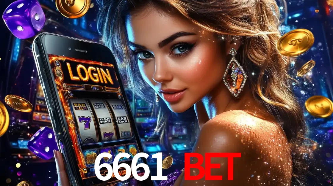 Mulher glamorosa segurando um smartphone com a tela de login para os jogos de caça-níqueis do cassino online 6661 BET, com moedas de ouro e dados ao redor.