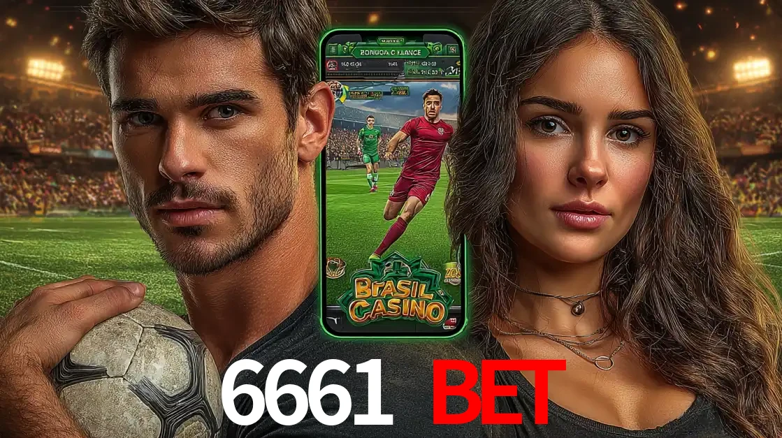 Homem segurando uma bola de futebol e uma mulher ao lado de um smartphone exibindo o jogo de apostas esportivas da 6661 BET. Faça seu palpite no cassino online.